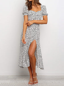 Quadratischer Hals Polka Dot Split Midi Kleid