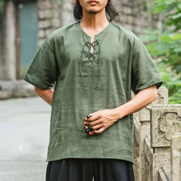 Camiseta retro de algodón y lino estampada para hombre con manga corta