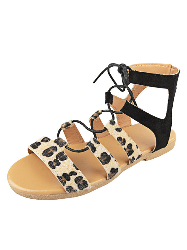 Moteriškos leopardo spausdintos plokščios kryžminės juostos, romėniškos sandalai