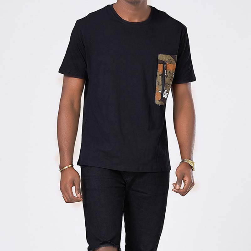 Paprastos kamufliažinės atspausdintos kišenės trumpomis rankovėmis iš medvilnės-juodų vyrams