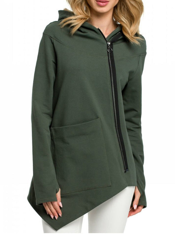 Suéteres de mujer con cremallera diagonal y bolsillo irregular.