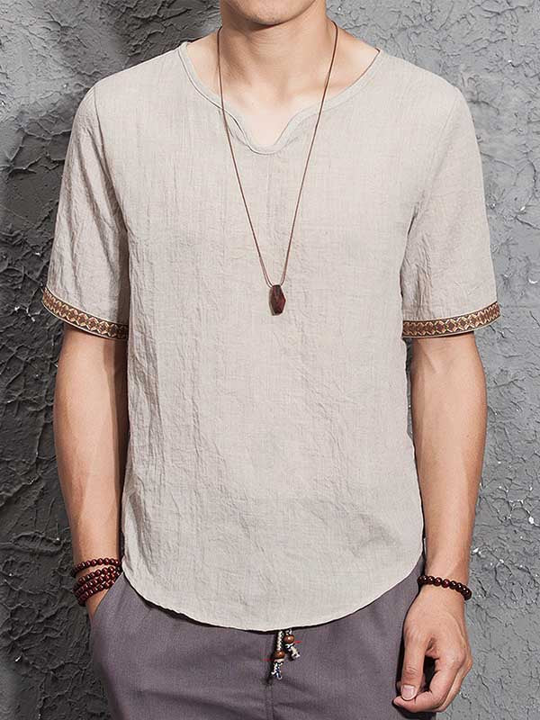 Camisa holgada de algodón y lino sin cuello