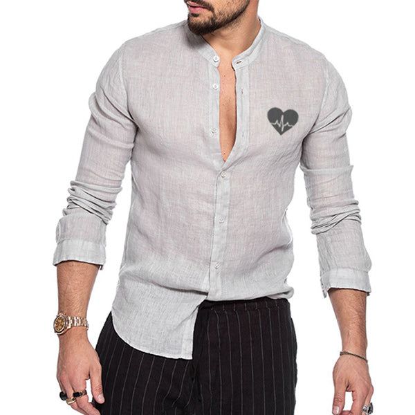 Herrenmode Love Print Langarmhemd aus Baumwolle und Leinen