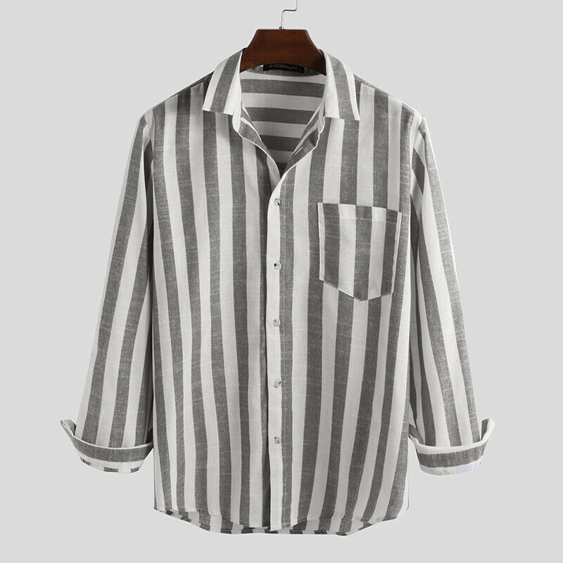 Camisa de lino natural ligera a rayas cómoda para hombre