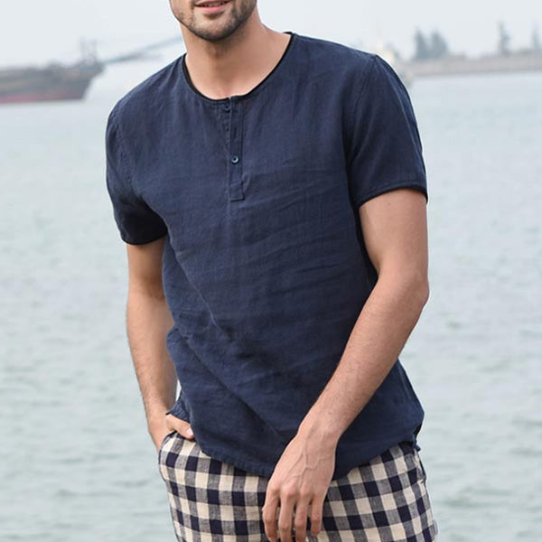 Leichtes Kurzarmhemd aus Leinen in Kontrastfarbe für Herren