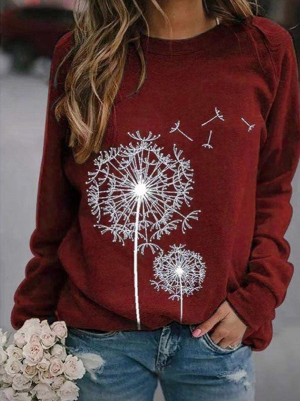 Sudadera suelta con cuello redondo y estampado de diente de león para mujer
