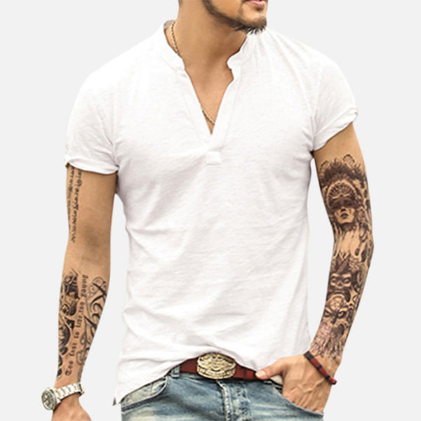 Bequemes T-Shirt aus Baumwolle und Leinen mit V-Ausschnitt für Herren