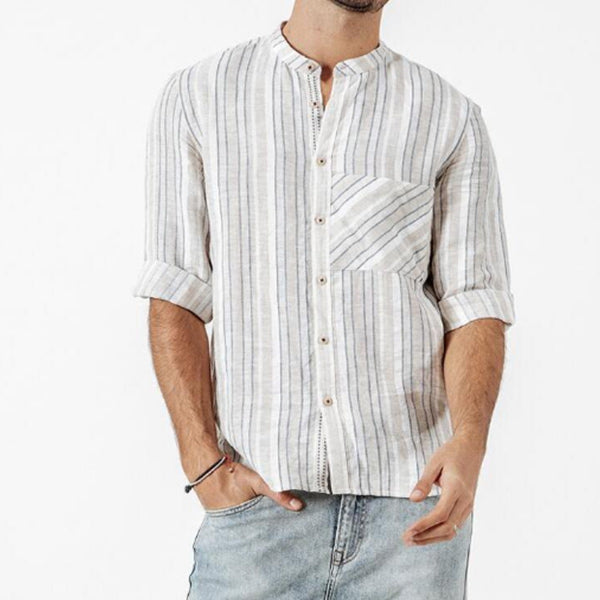Herren Stehkragen gewaschen Baumwolle und Leinen gestreift bequemes Hemd