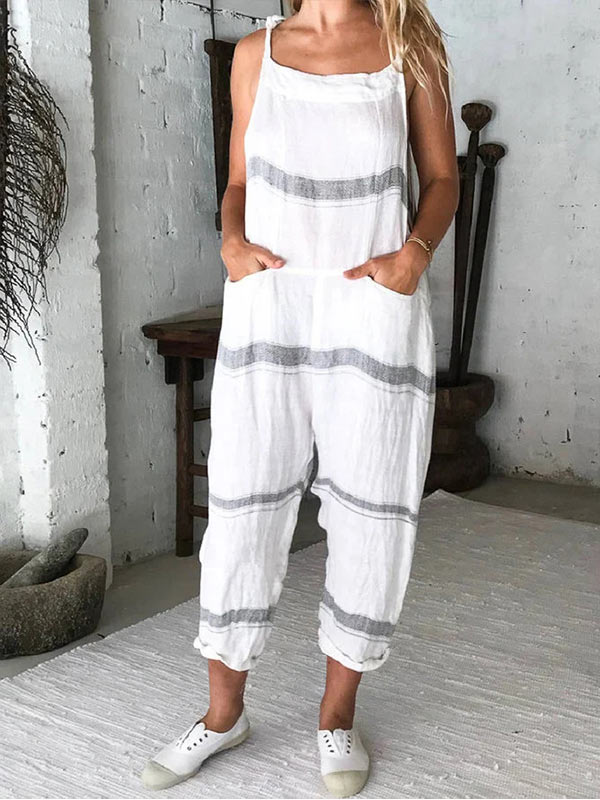 Moteriškas dryžuotas medvilninis ir lininis kombinezonas