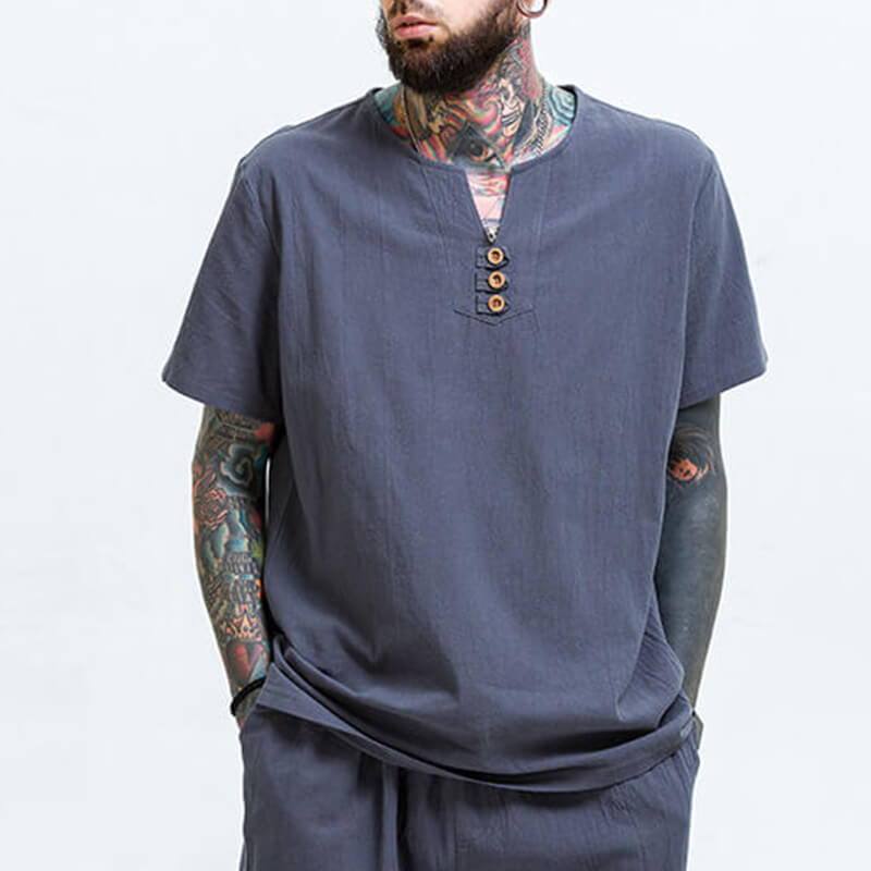 Vyriški vintažiniai patogūs trumpų rankovių medvilniniai marškiniai trumpomis rankovėmis ir V formos kakleliu