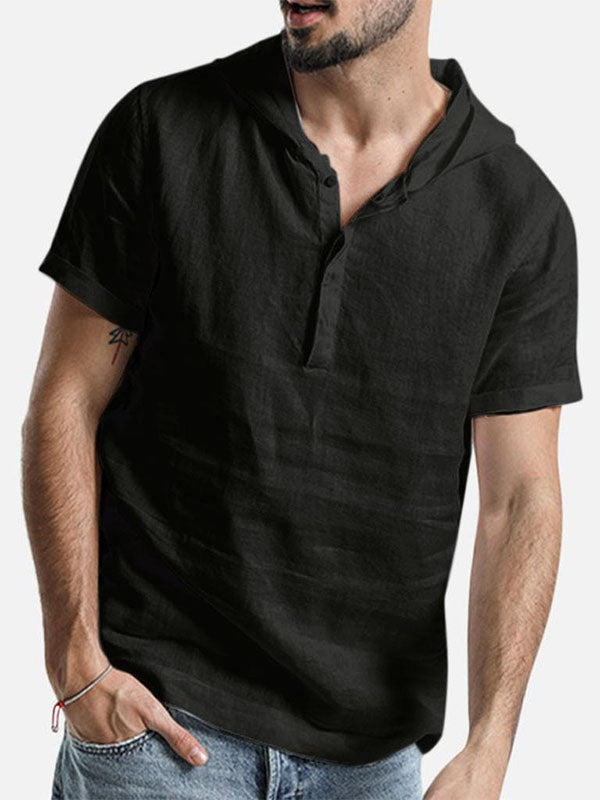 Camisa de lino de algodón de pelo corto para hombres con capucha
