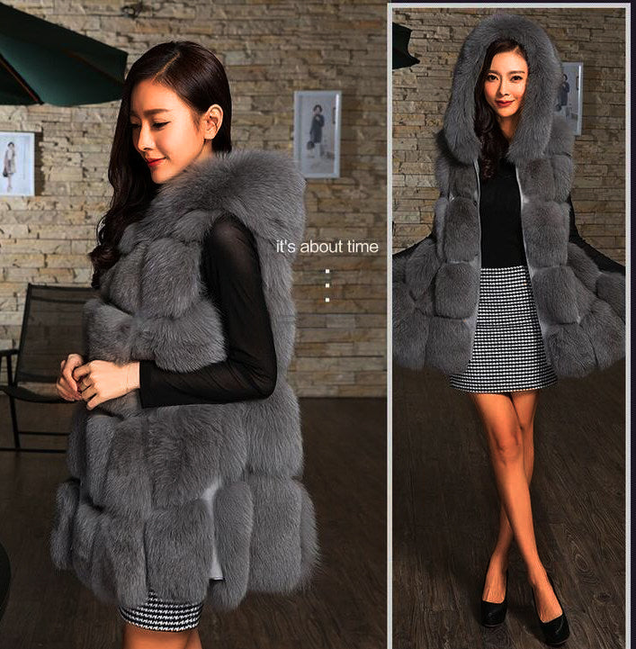 Solid Detachable Sleeve Hooded Fur Vest