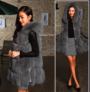 Solid Detachable Sleeve Hooded Fur Vest