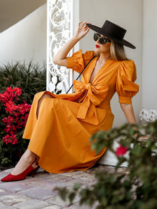 Fliege Puffärmel Button Down Midi Kleid