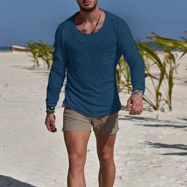 Vienos spalvos marškinėliai apvaliomis kaklomis ilgomis rankovėmis vyrams