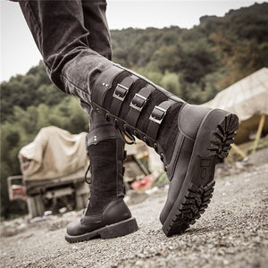 Round Head Knight Boots Belt Buckle High Tube Men&#39;s Boots