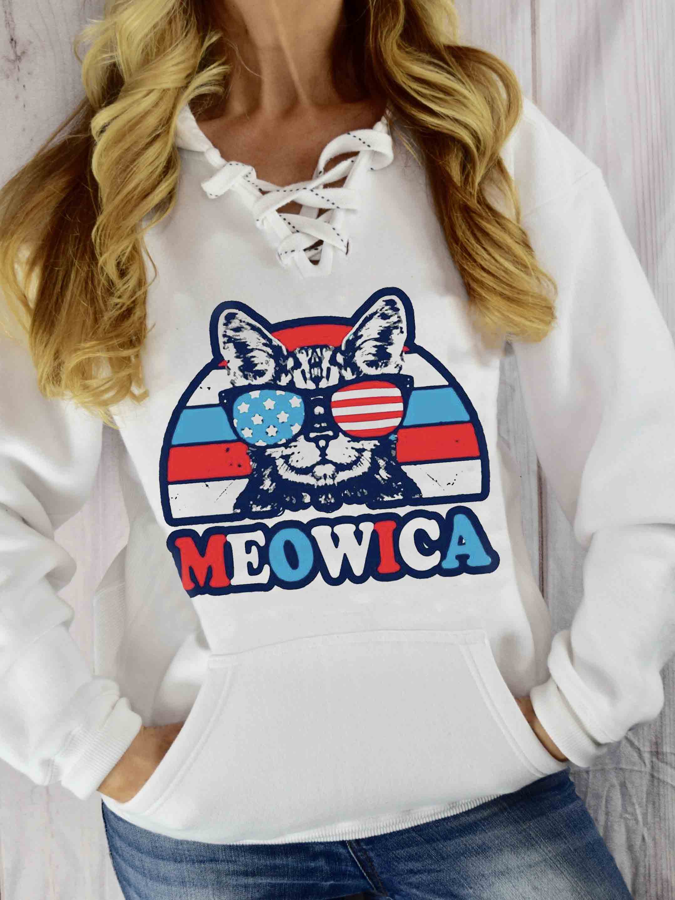 Independence Day Meowica Print Spitzen Hoodie