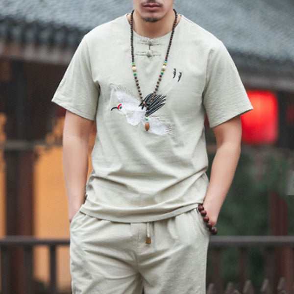 Camiseta de manga corta y lino con bordado de grulla para hombre