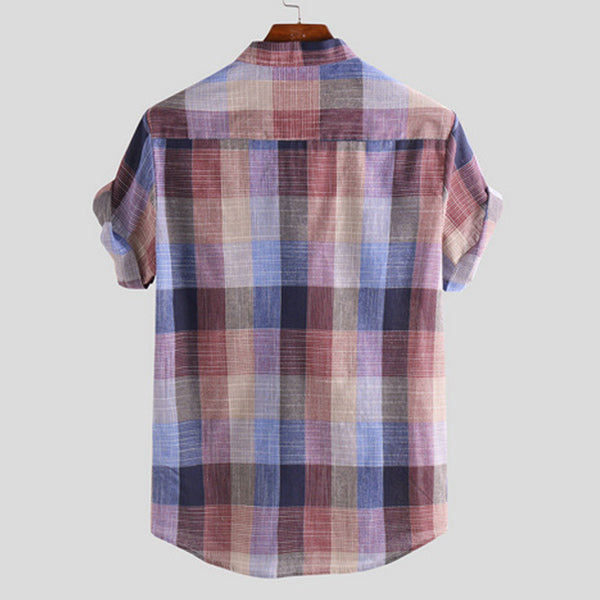 Camisa a cuadros suelta con cuello alto vintage para hombre