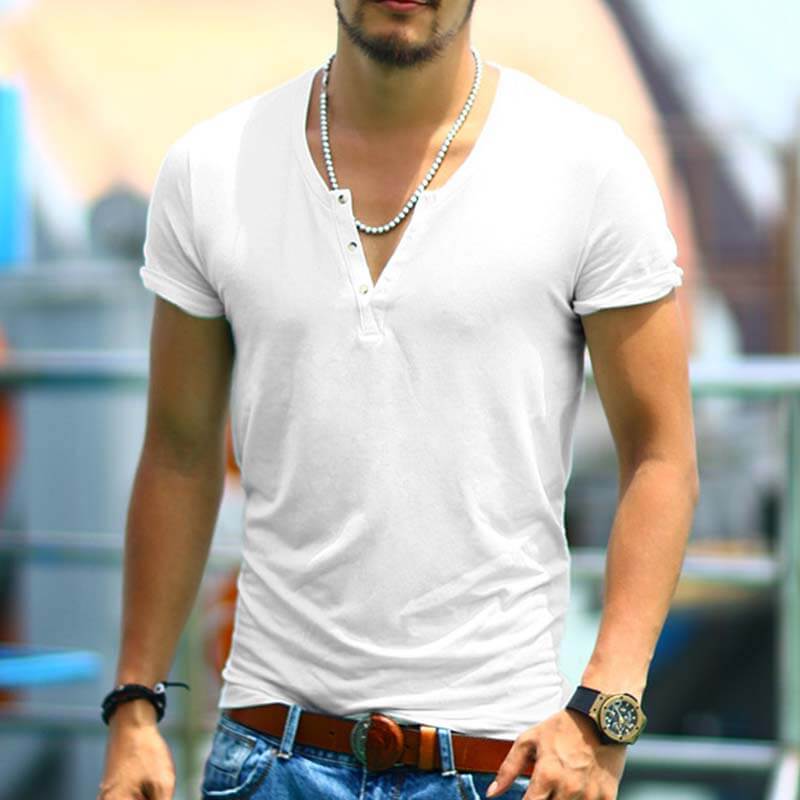 Men&#39;s Summer Cool Comfy Henley Collar Slim Short Sleeve Cotton T-Shirts