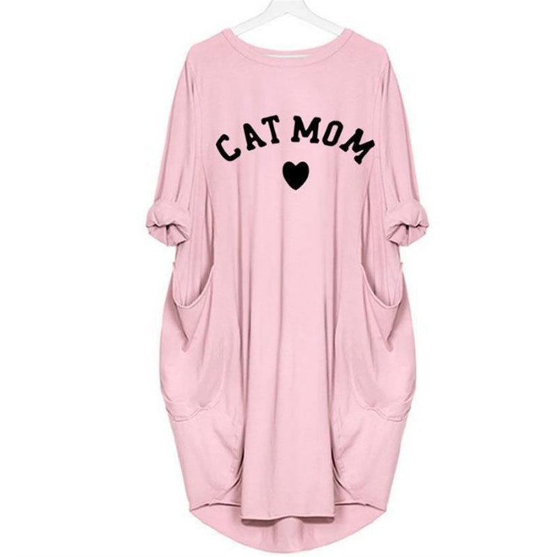 Cat Mom Printed Langarm Doppeltaschen Shift Daily Dress