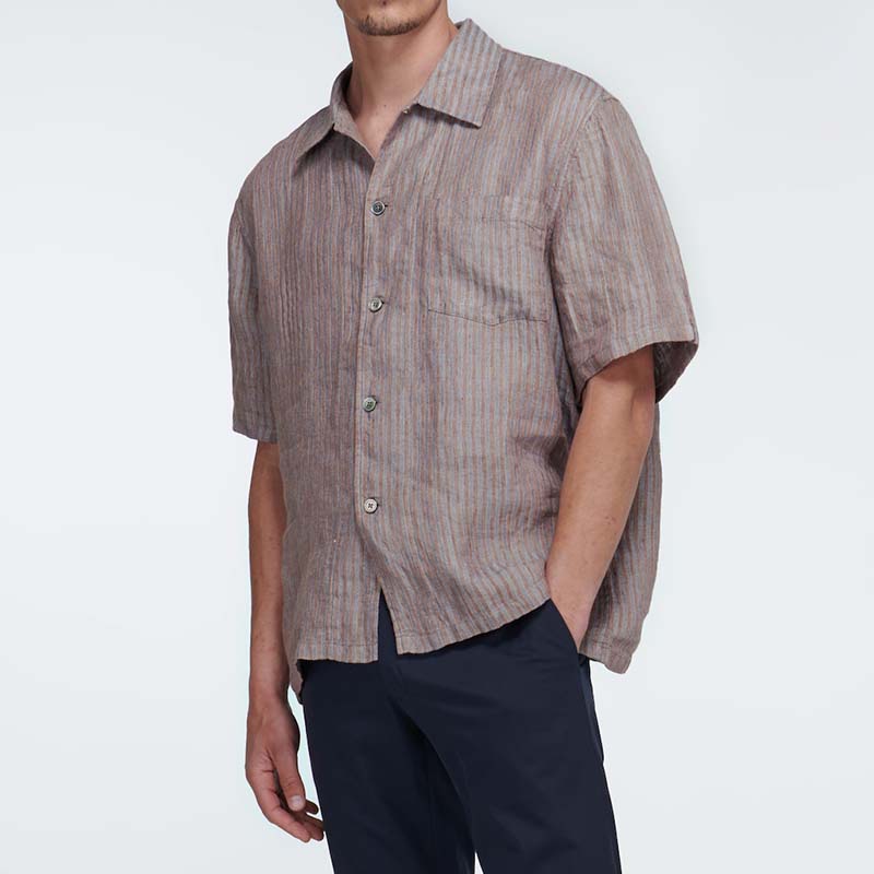 Vyriški pagrindiniai lengvi, laisvi, patogiai dryžuoti, trumpomis rankovėmis ekologiški lininiai marškiniai