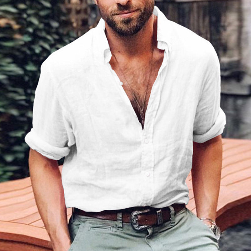 Kasdieniai vyriški lininiai marškiniai su V formos apykakle
