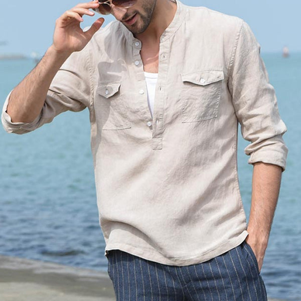 Bequemes dünnes lässiges Langarmhemd aus Leinen für Herren