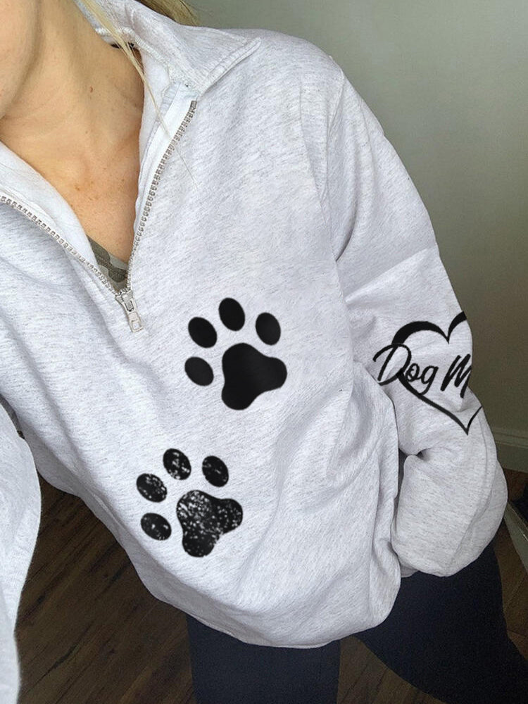 Frauen Liebe Hund Mutter Pfote Print Zip Top