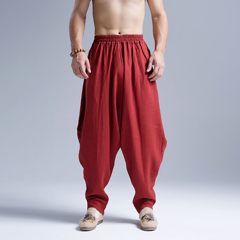 Pantalones harem casuales de lino de algodón para hombres.