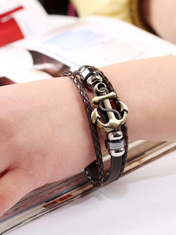 Pulsera tejida de cuero de vaca con ancla de aleación vintage para mujer