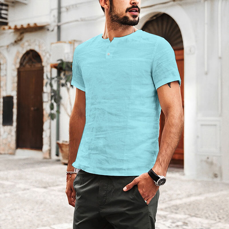 Camisa casual de lino y algodón de manga corta con cuello redondo para hombres