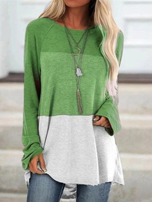 Camisa color block para mujer con manga larga y cuello redondo.