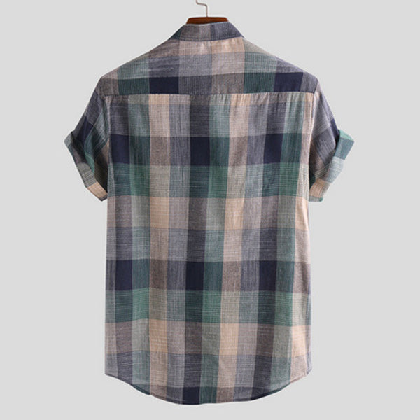 Camisa a cuadros suelta con cuello alto vintage para hombre