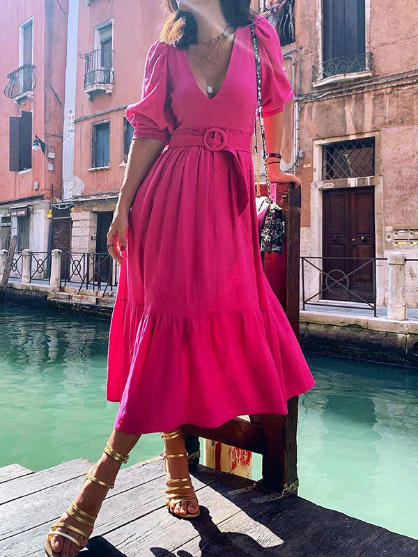 Midikleid mit V-Ausschnitt und Puffärmeln