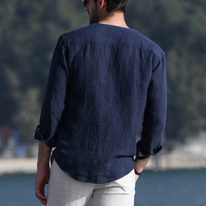 Men&#39;s summer vintage solid color round neck long sleeve long sleeve breathable linen shirt