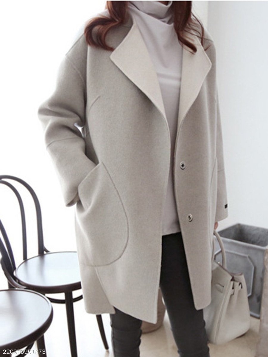 Lapel Patch Pocket Plain Woolen Coat