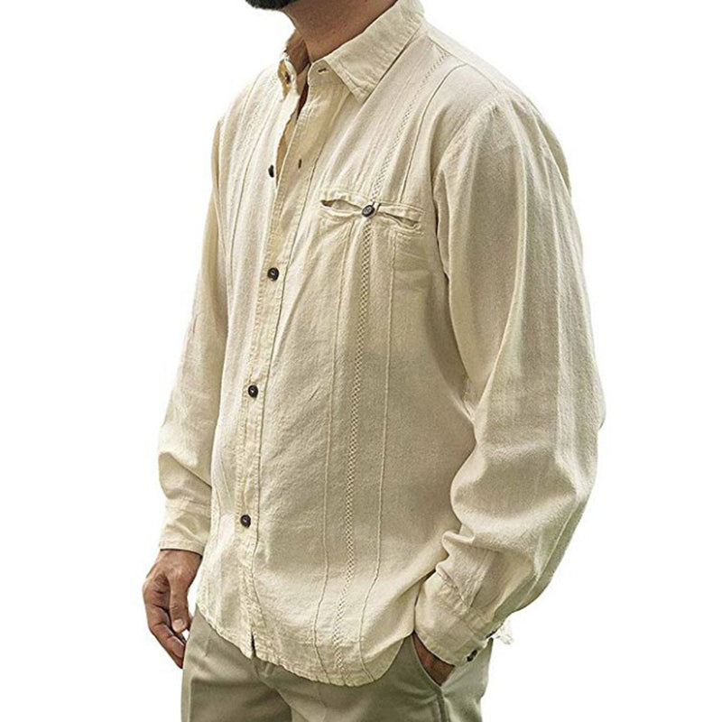 einfarbiges Langarm-Leinenhemd für Herren