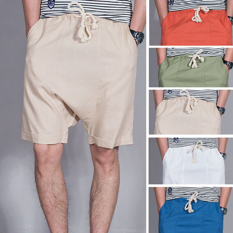 Herren Sommer Cool Casual Kordelzug Low Crotch Leinen Harem Shorts