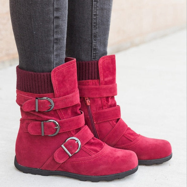 Botas ajustadas vintage para mujer con tacones planos y hebillas