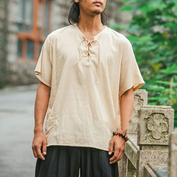 Camiseta retro de algodón y lino estampada para hombre con manga corta