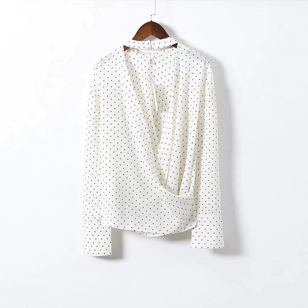 Blusas de lunares sin espalda con cuello redondo y espalda abierta de manga larga vintage