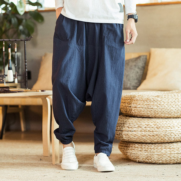 Pantalones sueltos de algodón y lino de estilo chino para hombres