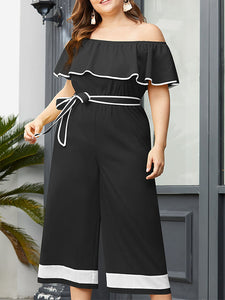 Damen Rüschen Schulter Schnürung Taille Kontrast Übergroßer Jumpsuit mit weitem Bein