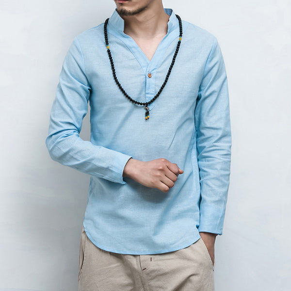 Herren Langarmhemd aus Baumwolle aus Leinen mit V-Ausschnitt
