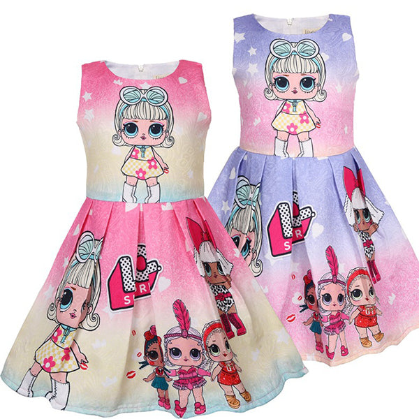 Girl Gradient Cartoon Pattern Print Summer Dress