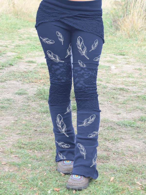 Damen Vintage Spitze Federdruck Nähte Stretch Freizeithose