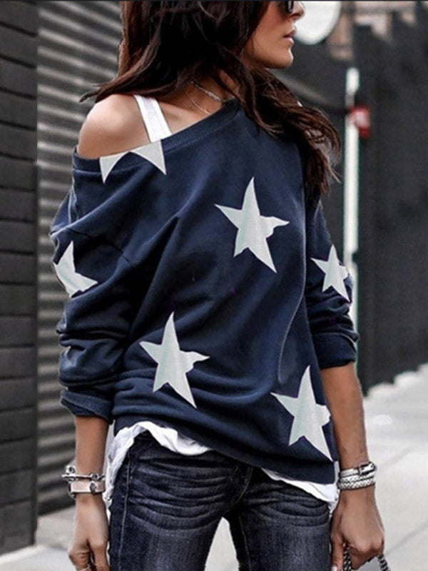 Moda femenina con un suéter de cuello redondo pentagonal con estampado de estrellas