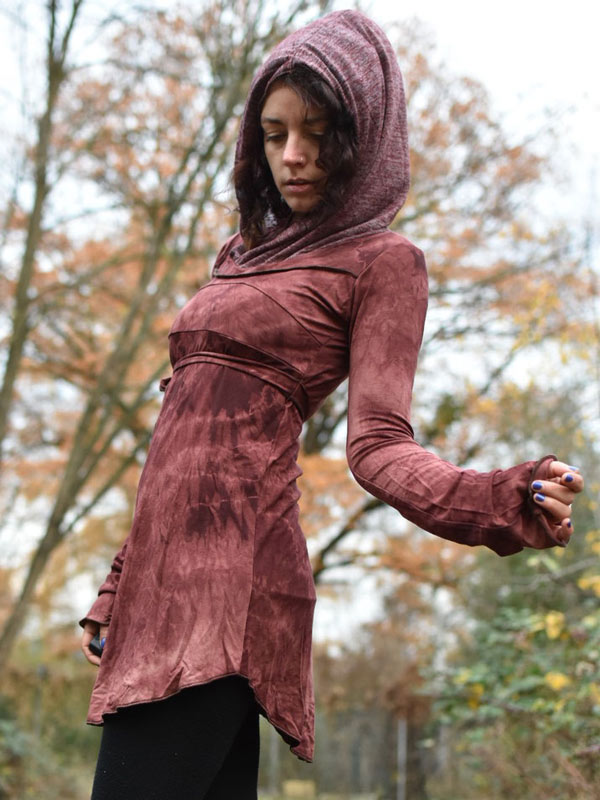 Vintage Vintage gefärbte Schnürung mit Kapuze Langarm Kleid