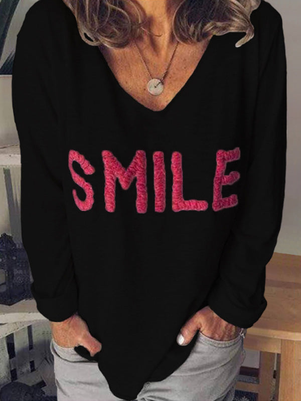 Camiseta de manga larga bordada SMILE Letter para mujer